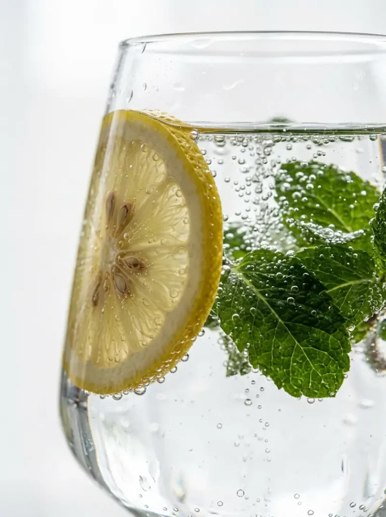 close-up of lemon mint sparkling water bubbles and garnish