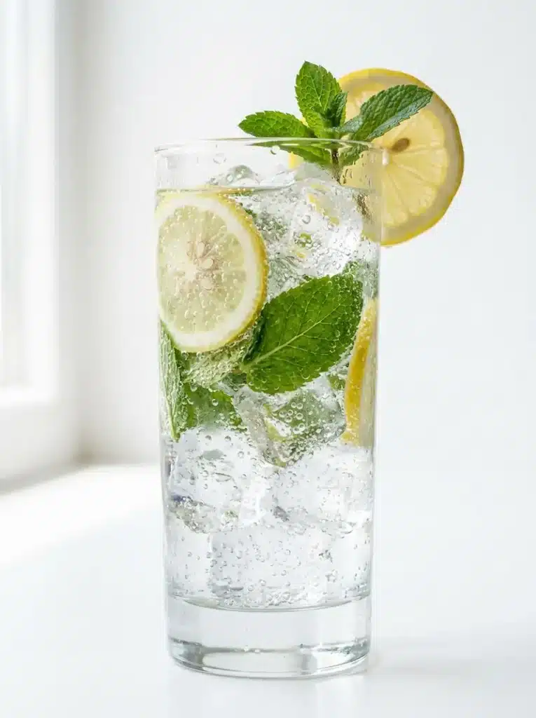 lemon mint sparkling water weight loss drink in a tall glass