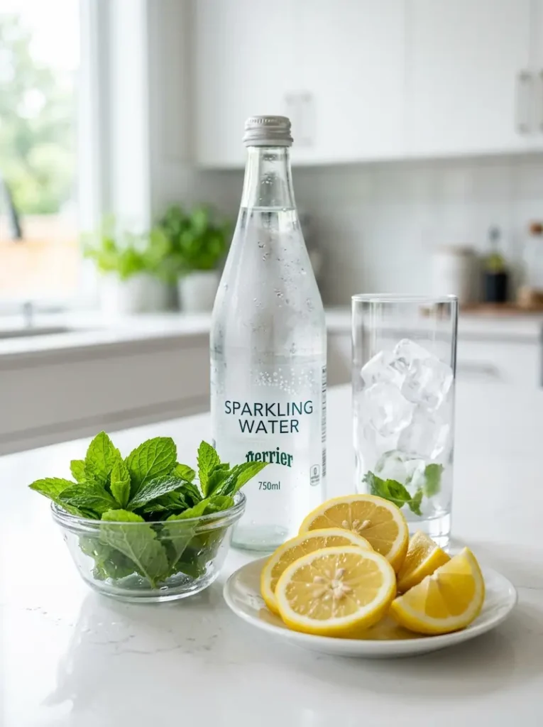 ingredients for lemon mint sparkling water including lemon mint and sparkling water