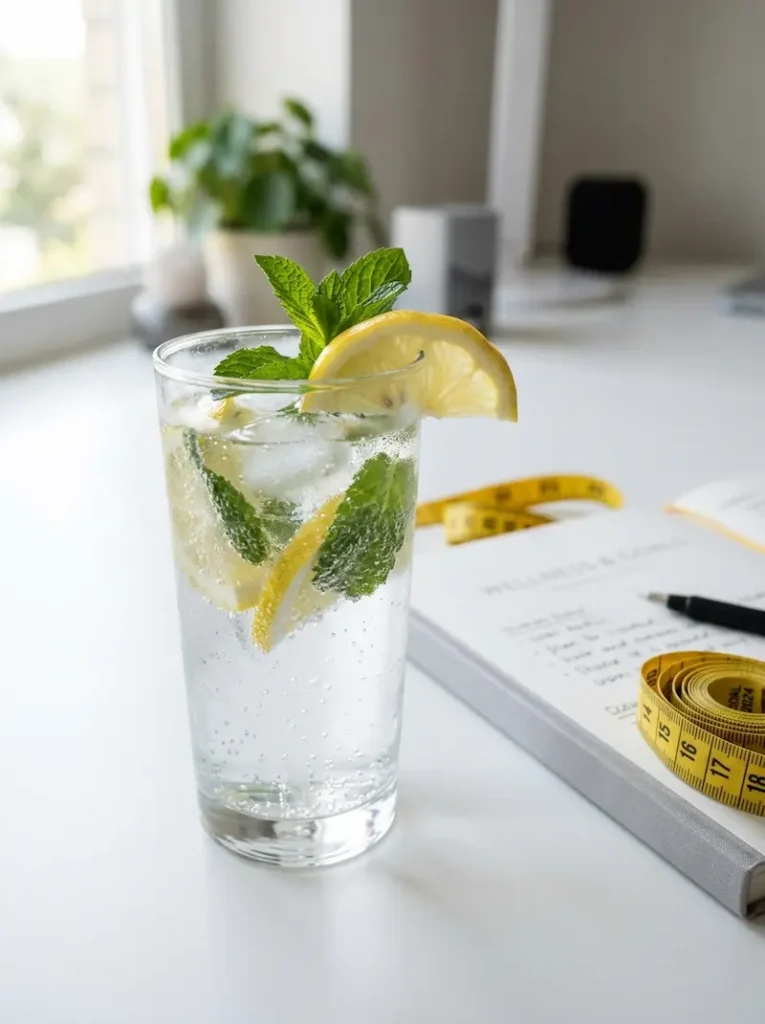 lemon mint sparkling water glass next to a notebook and tape measure