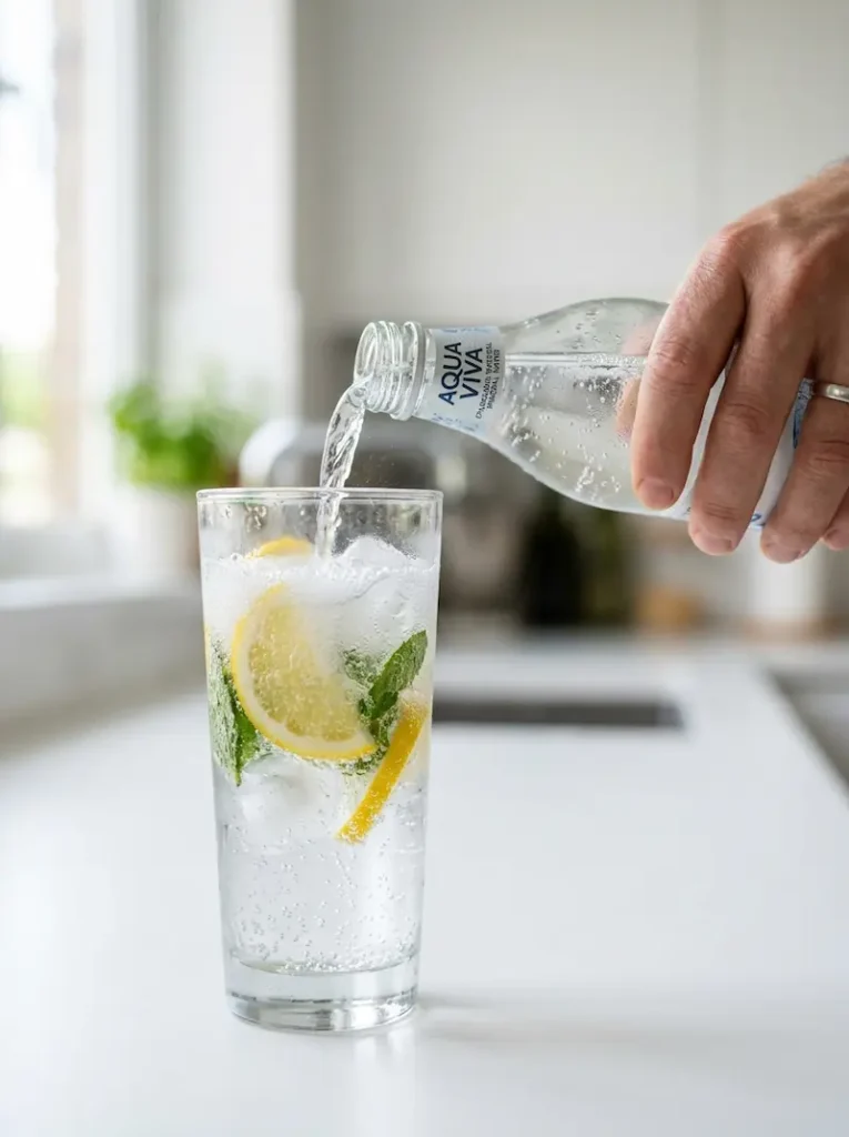 sparkling water poured over lemon and mint in a glass
