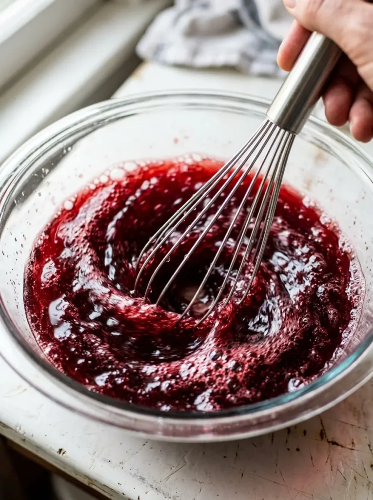 Whisking tart cherry juice into the dissolved gelatin.