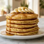 Tall stack of five fluffy golden oatmeal banana pancakes with crispy edges fresh banana slices maple syrup drizzle and melting butter on white ceramic plate on white marble