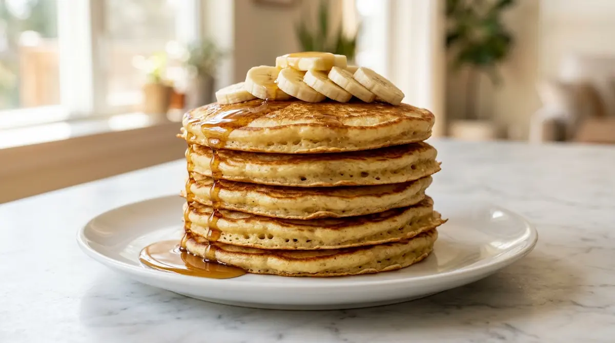 Tall stack of five fluffy golden oatmeal banana pancakes with crispy edges fresh banana slices maple syrup drizzle and melting butter on white ceramic plate on white marble