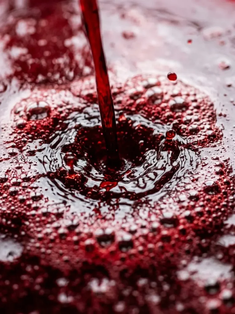 Pouring the liquid tart cherry gelatin into a glass dish to set.