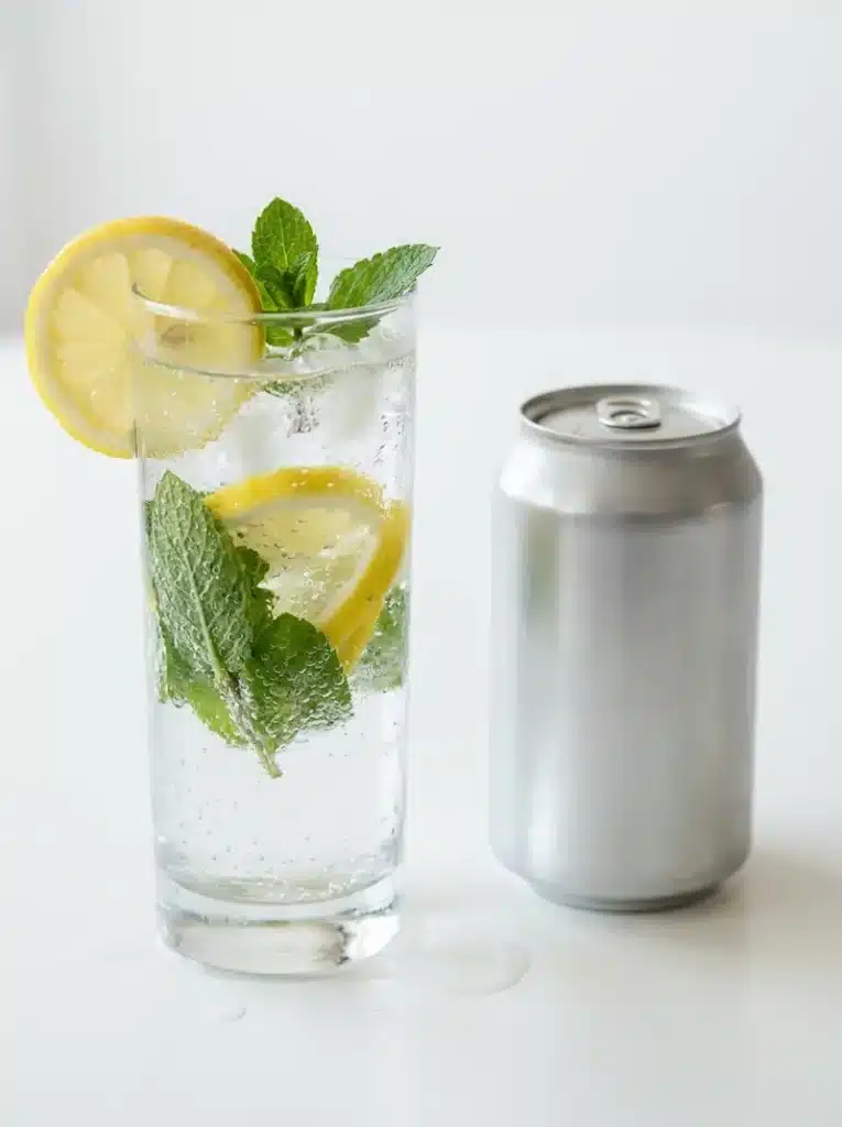 lemon mint sparkling water next to a sugary soda can