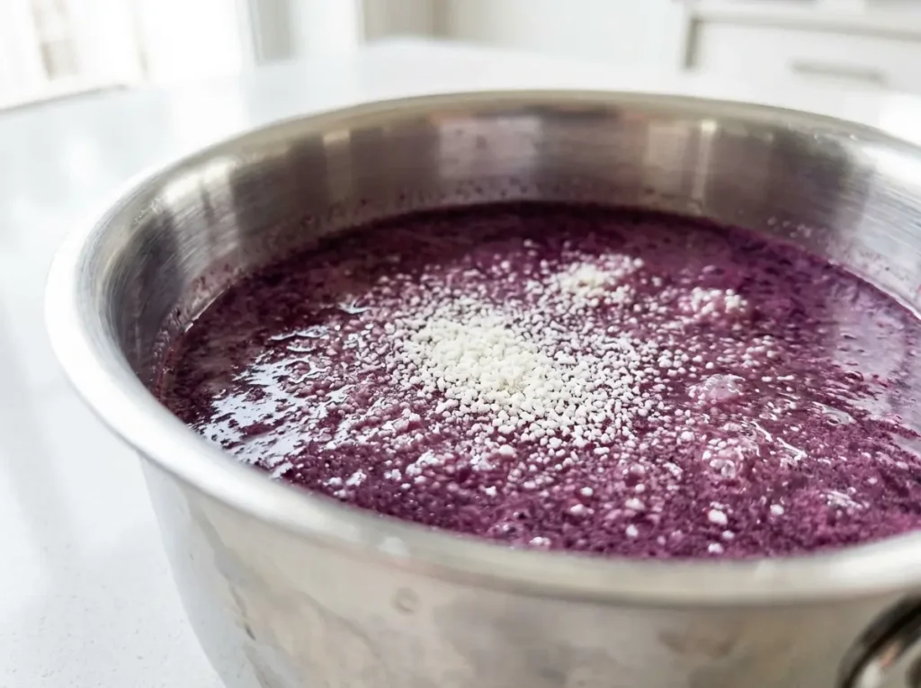 Hydrating agar agar powder in cold fruit juice.