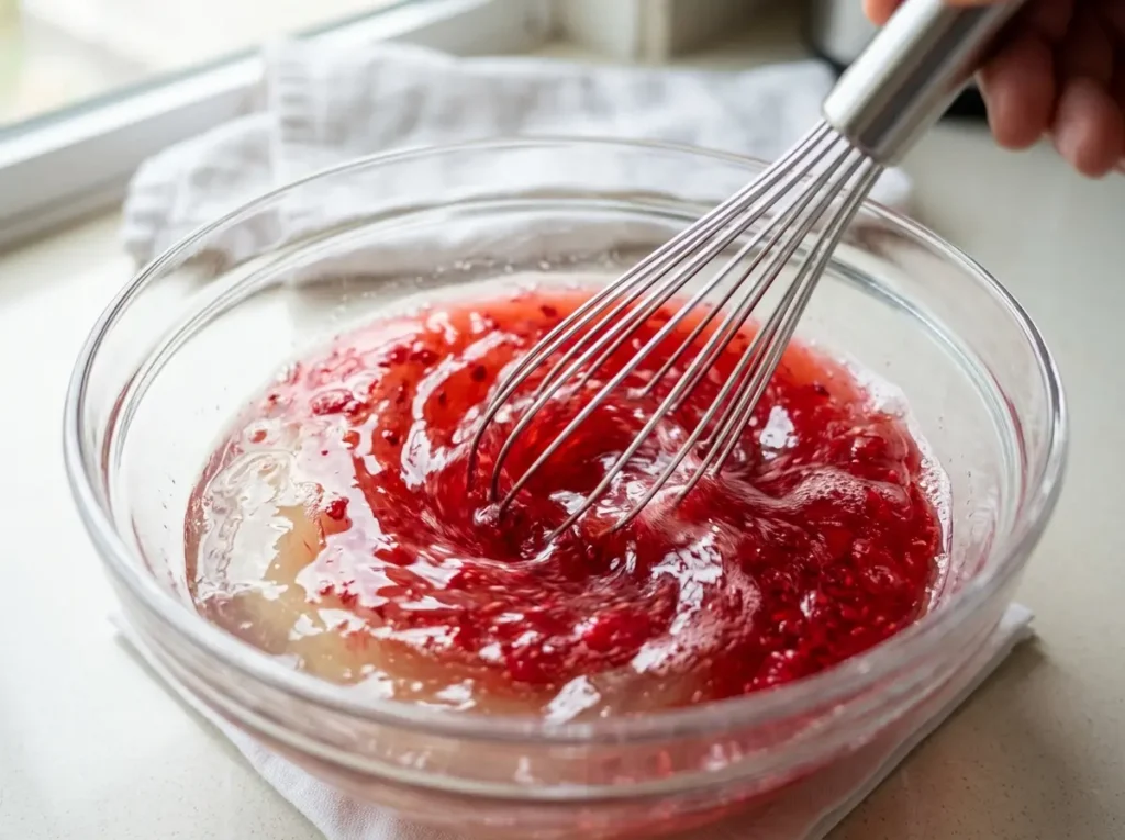 Whisking hot tea into bloomed gelatin.