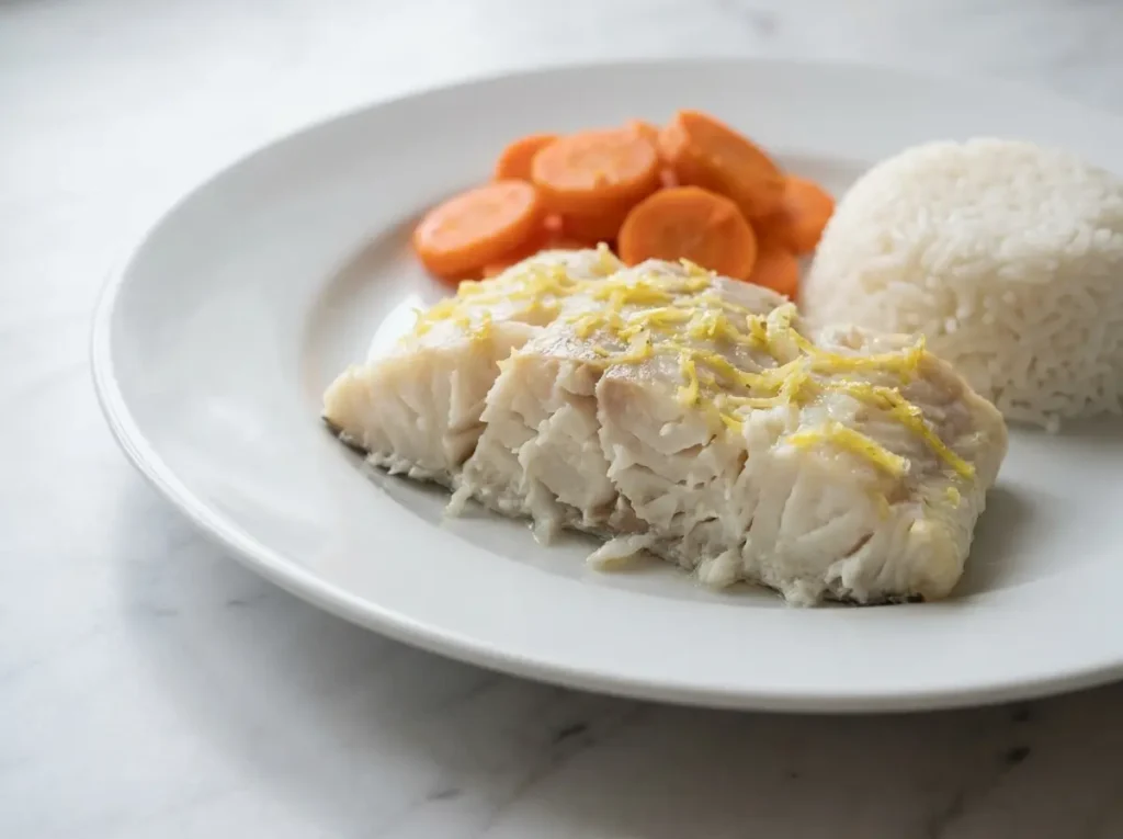 Easy to Digest Recipes for Wegovy Nausea: 7 Gentle Meals That Actually Work 7 Baked cod fillet with lemon zest beside steamed carrot slices and a small portion of plain white rice on a white ceramic plate on white marble