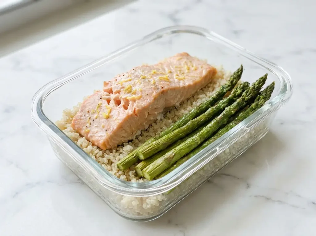 7 High Protein Meal Prep Recipes That Hit 50g of Protein Per Container 5 Baked salmon fillet with lemon and dill over quinoa with roasted asparagus spears in an open glass meal prep container on white marble