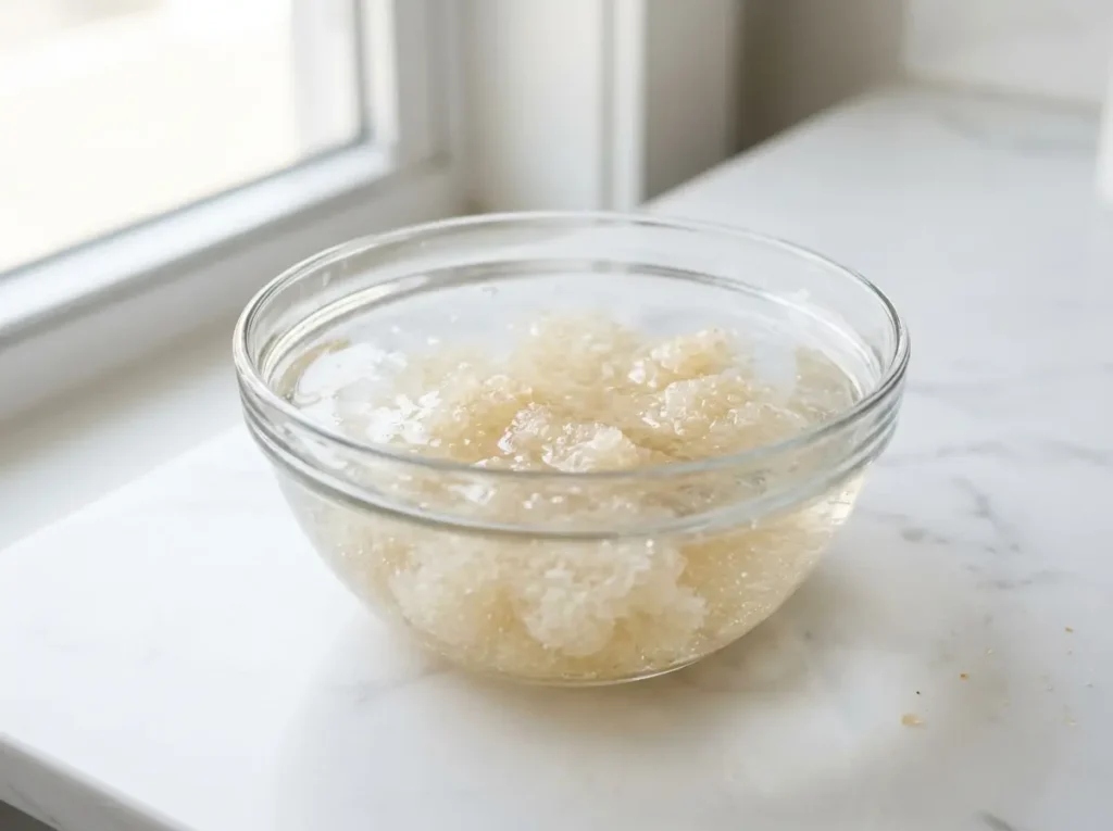 Bovine gelatin blooming in cold water in a small glass bowl before mixing.