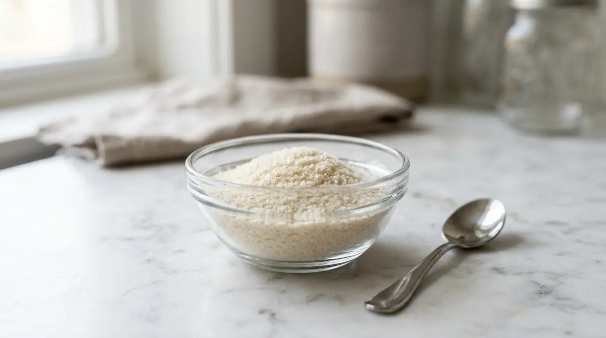 Bovine gelatin powder in a clear glass bowl with a spoon on a white surface.