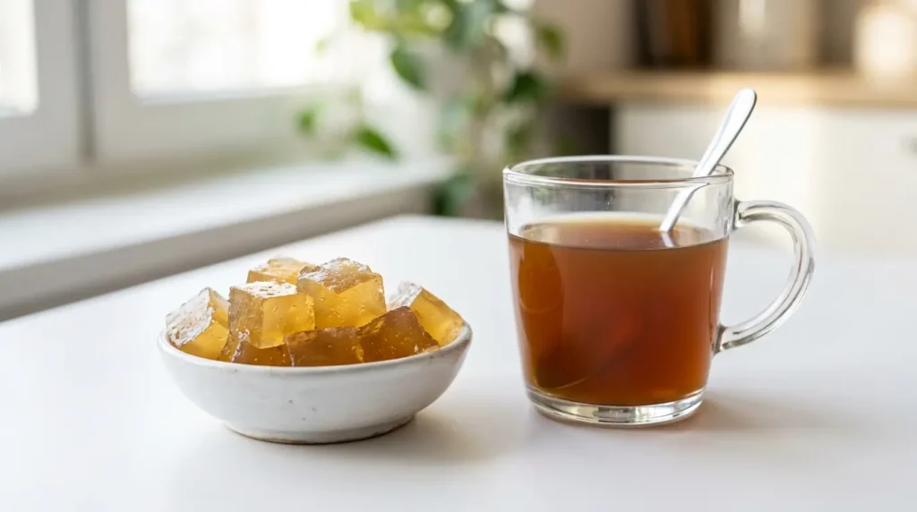 Bovine gelatin cubes beside a glass cup on a clean table for a simple daily routine.