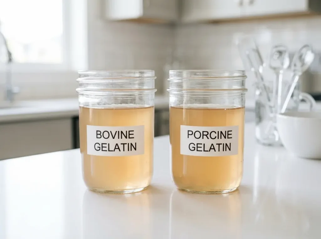 Two gelatin containers showing bovine gelatin and porcine gelatin labels side by side.