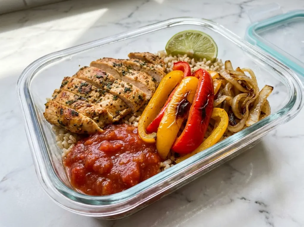 7 High Protein Meal Prep Recipes That Hit 50g of Protein Per Container 8 Sliced seasoned chicken fajita strips with colorful bell pepper strips, onion, brown rice, and salsa in an open glass meal prep container on white marble