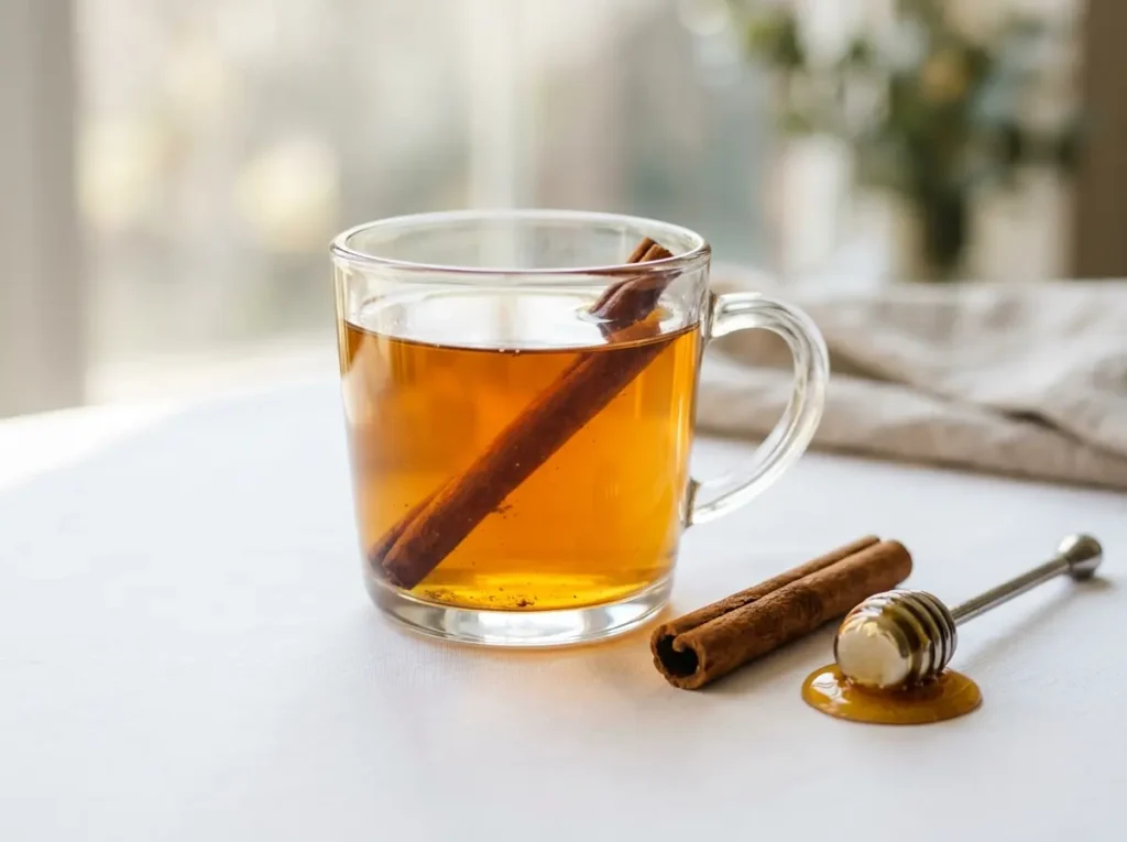 Cinnamon tea sweetened with honey in a glass mug beside a cinnamon stick