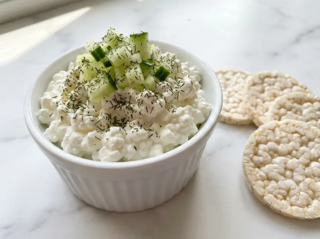 Easy to Digest Recipes for Wegovy Nausea: 7 Gentle Meals That Actually Work 6 Low-fat cottage cheese with finely diced cucumber and dried dill in a small white ceramic bowl beside plain rice crackers on white marble
