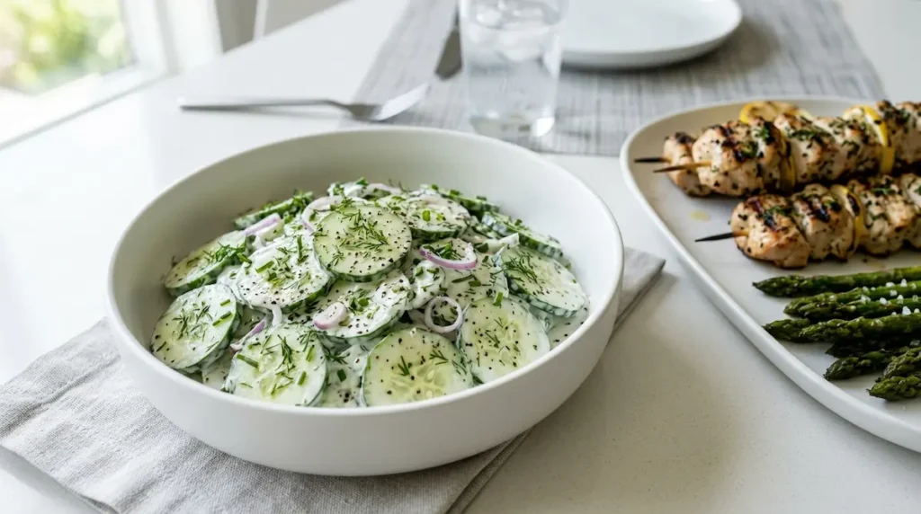 Creamy Cucumber Salad Recipe That's Cool, Tangy, and Ready in 15 Minutes 4 Finished creamy cucumber salad garnished with dill in a bowl beside grilled food.