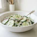Creamy cucumber salad with sliced cucumbers, red onion, dill, and sour cream dressing in a white bowl.