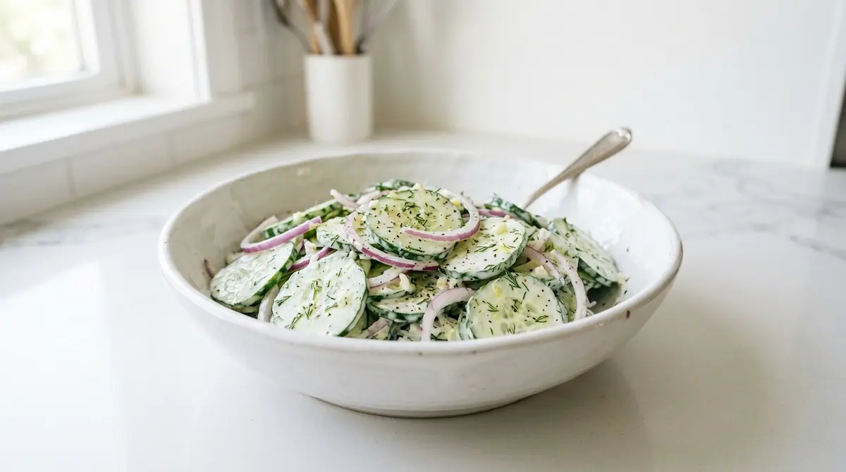 Creamy Cucumber Salad Recipe That's Cool, Tangy, and Ready in 15 Minutes 1 Creamy cucumber salad with sliced cucumbers, red onion, dill, and sour cream dressing in a white bowl.