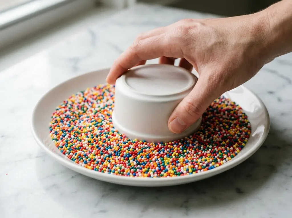 Viral Dot Cake Recipe: 5 Easy Steps to Make It at Home 6 White ramekin pressed into rainbow nonpareils for dot cake recipe