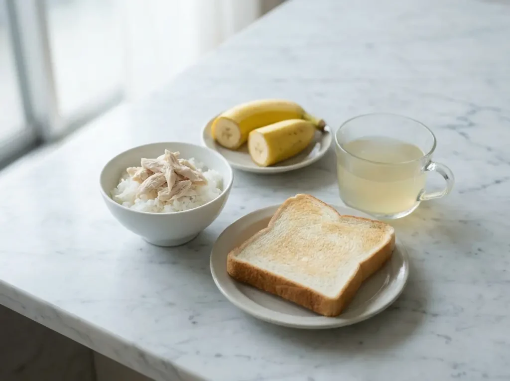 Seven easy to digest recipes for Wegovy nausea arranged on a white marble surface including a ginger chicken rice bowl and plain toast