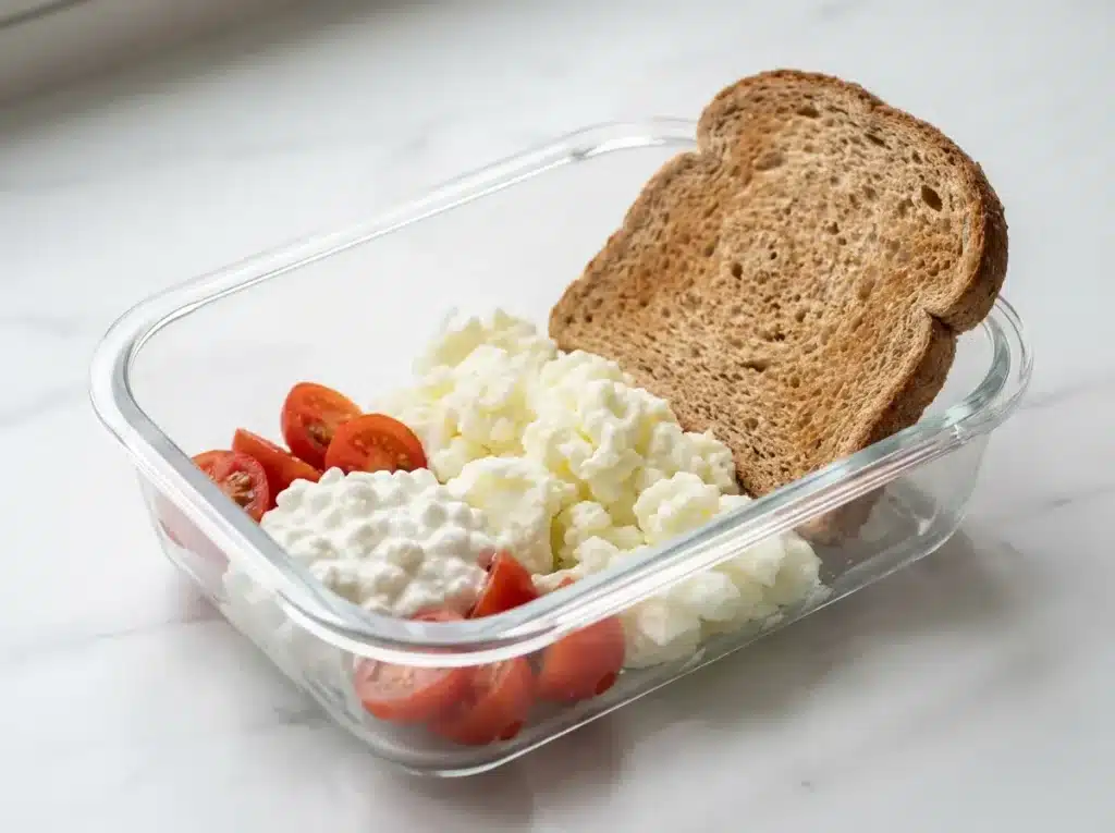 7 High Protein Meal Prep Recipes That Hit 50g of Protein Per Container 4 Soft scrambled egg whites with low-fat cottage cheese, whole wheat toast, and halved cherry tomatoes in a glass meal prep container on white marble