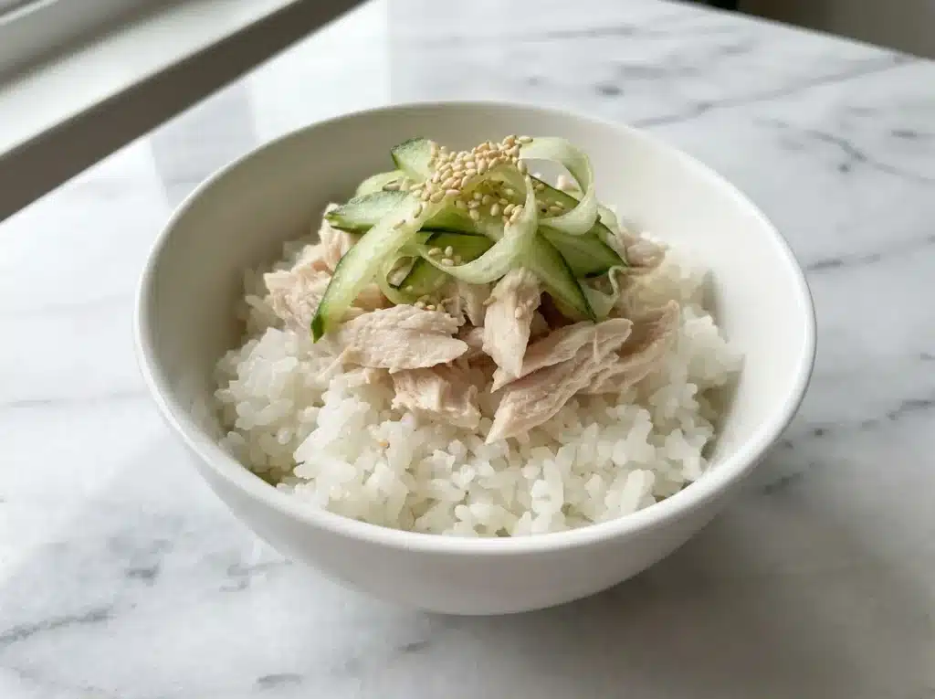 Easy to Digest Recipes for Wegovy Nausea: 7 Gentle Meals That Actually Work 2 Ginger chicken rice bowl with shredded poached chicken, cucumber slices, and sesame seeds in a white ceramic bowl on white marble