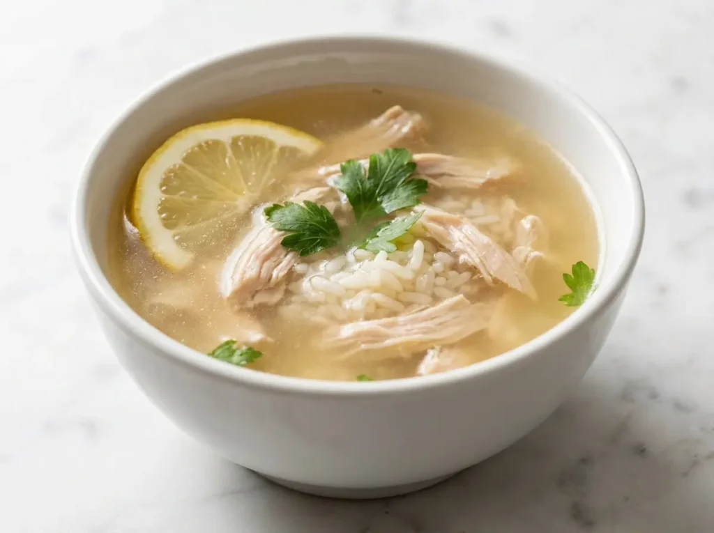 Easy to Digest Recipes for Wegovy Nausea: 7 Gentle Meals That Actually Work 5 Clear golden chicken broth soup with shredded chicken, white rice, and a fresh lemon slice on the rim in a small white ceramic bowl on white marble