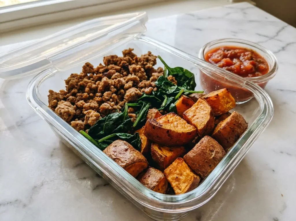 7 High Protein Meal Prep Recipes That Hit 50g of Protein Per Container 3 Seasoned ground turkey with caramelized sweet potato cubes and wilted baby spinach in an open glass meal prep container on white marble