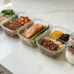 Seven high protein meal prep containers lined up on white marble including chicken rice bowl, taco bowl, salmon quinoa, and Greek yogurt parfait jars