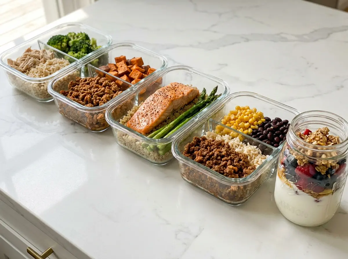 7 High Protein Meal Prep Recipes That Hit 50g of Protein Per Container 1 Seven high protein meal prep containers lined up on white marble including chicken rice bowl, taco bowl, salmon quinoa, and Greek yogurt parfait jars