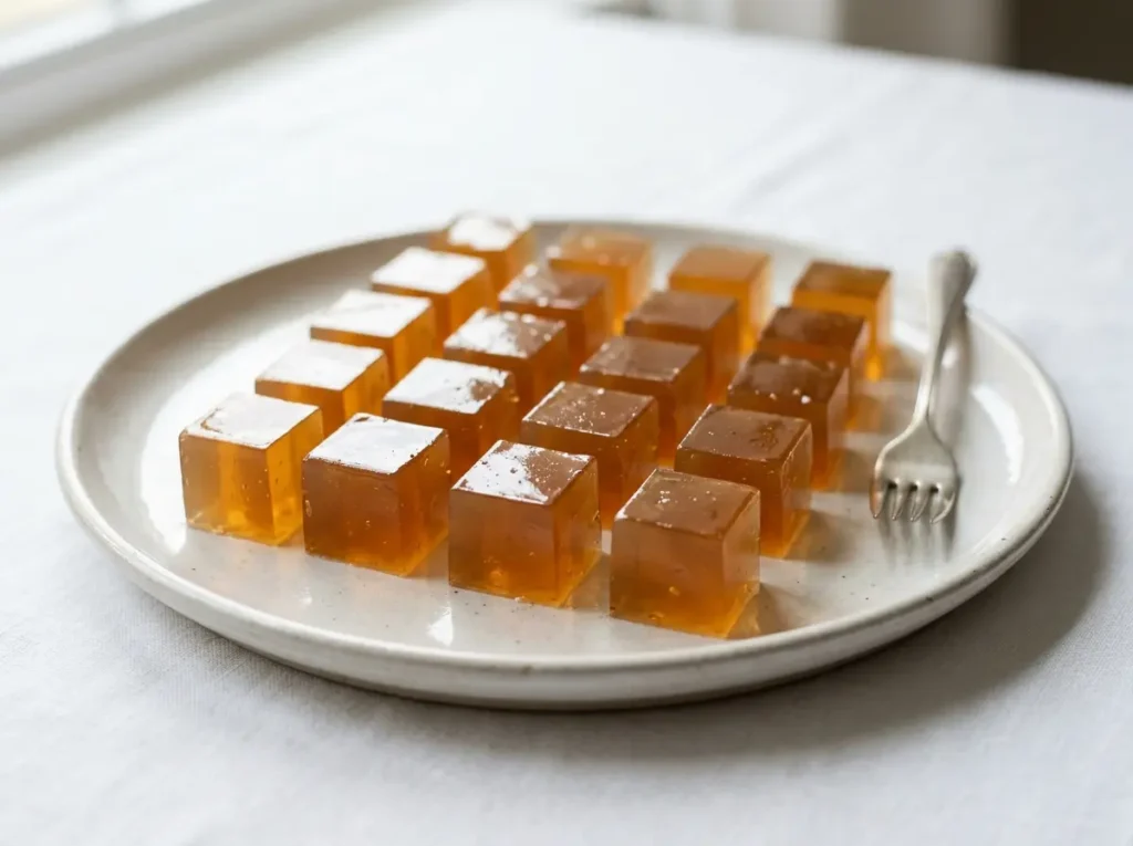 Homemade bovine gelatin cubes cut into squares on a white plate.