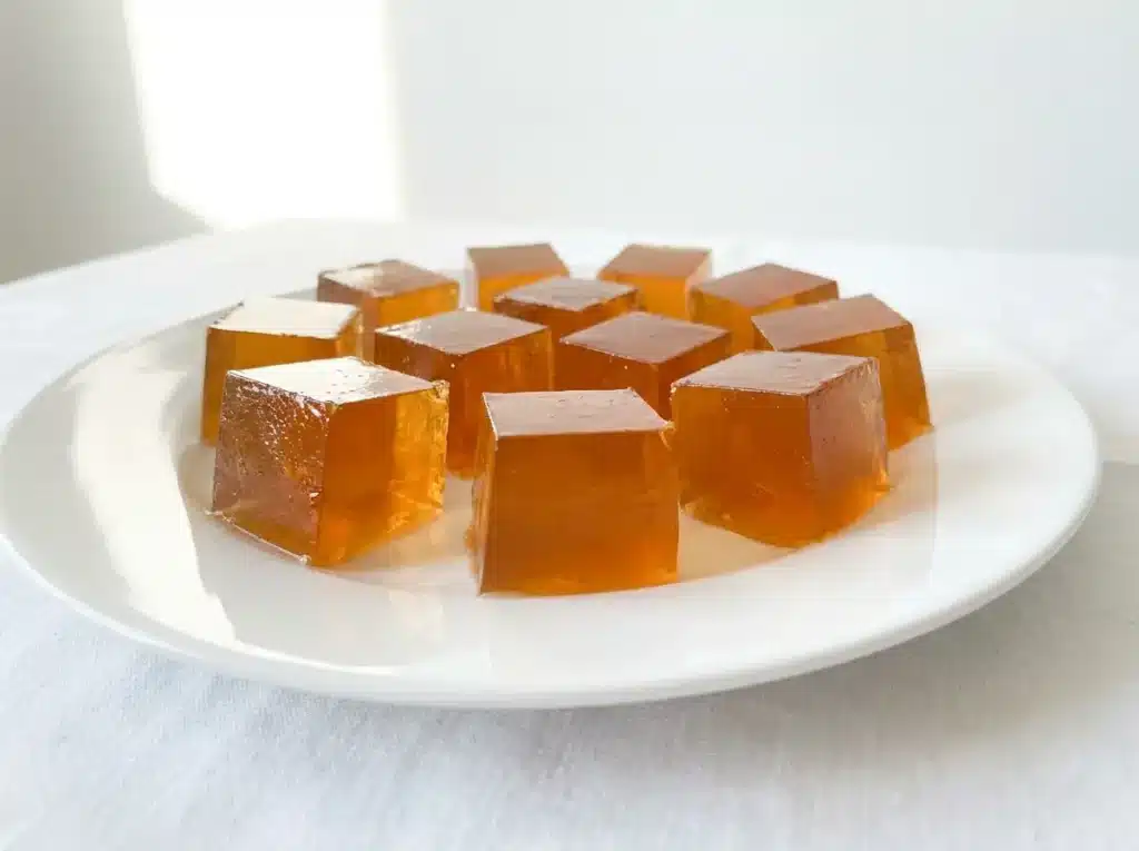 Homemade pure gelatin cubes cut into squares on a white plate.
