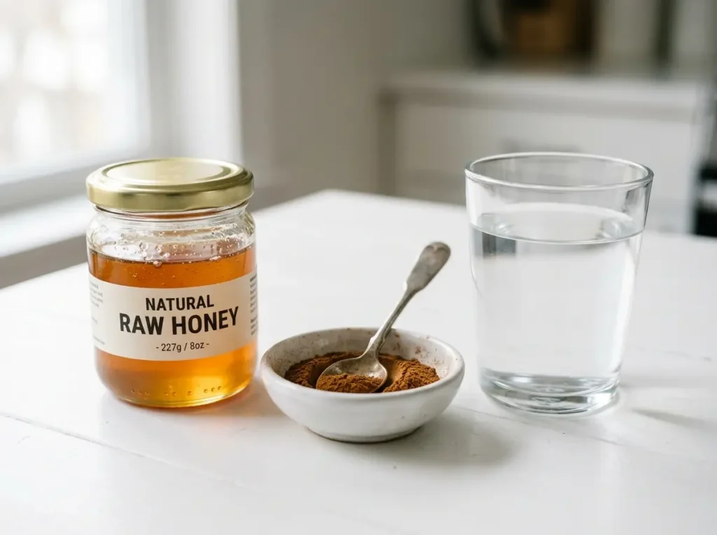 Honey, ground cinnamon, and warm water arranged for a simple drink recipe.