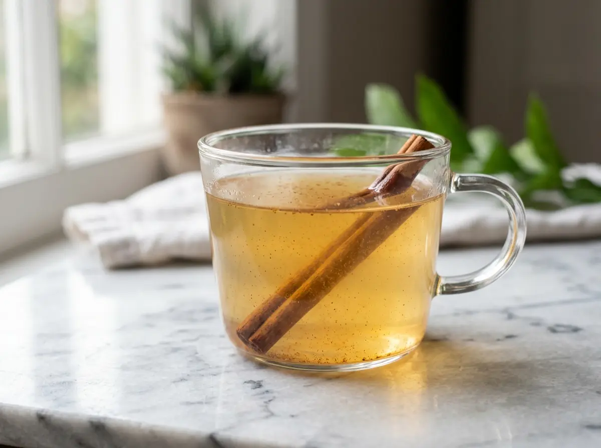 Warm honey and cinnamon drink in a clear glass cup on a white surface.
