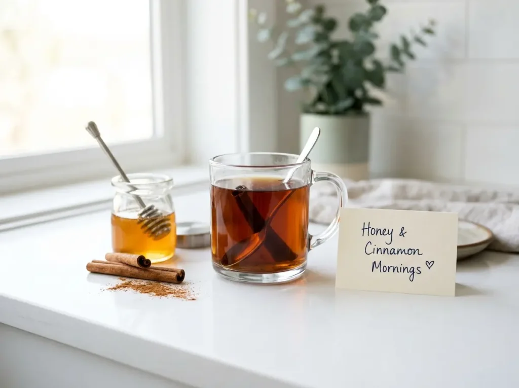 Honey and cinnamon drink ingredients arranged beside a note card for memory questions