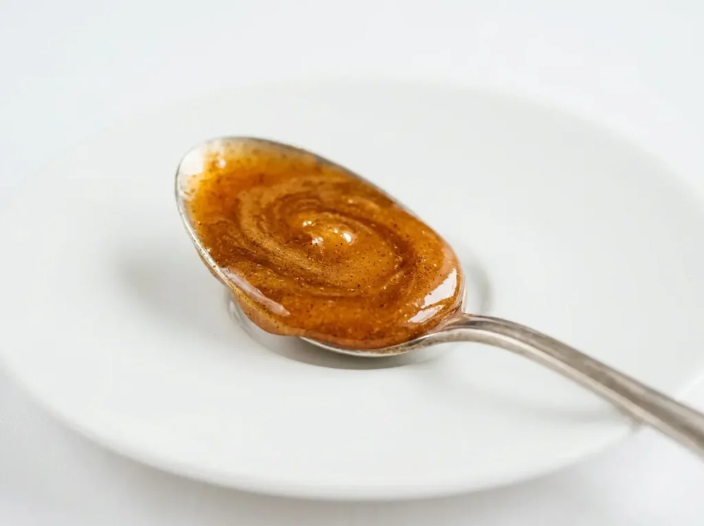 Honey mixed with cinnamon on a spoon for a quick daily wellness routine.