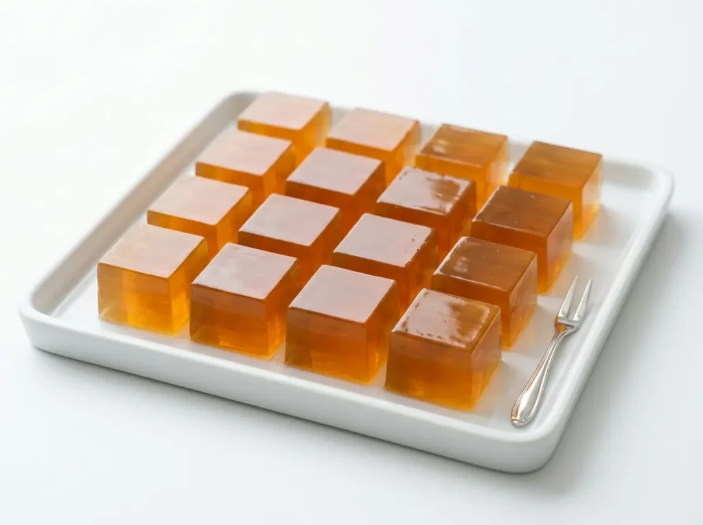 5 Things You Should Know About Horse Jelly Before You Try It 4 Horse jelly cubes cut into neat squares in a modern tray.