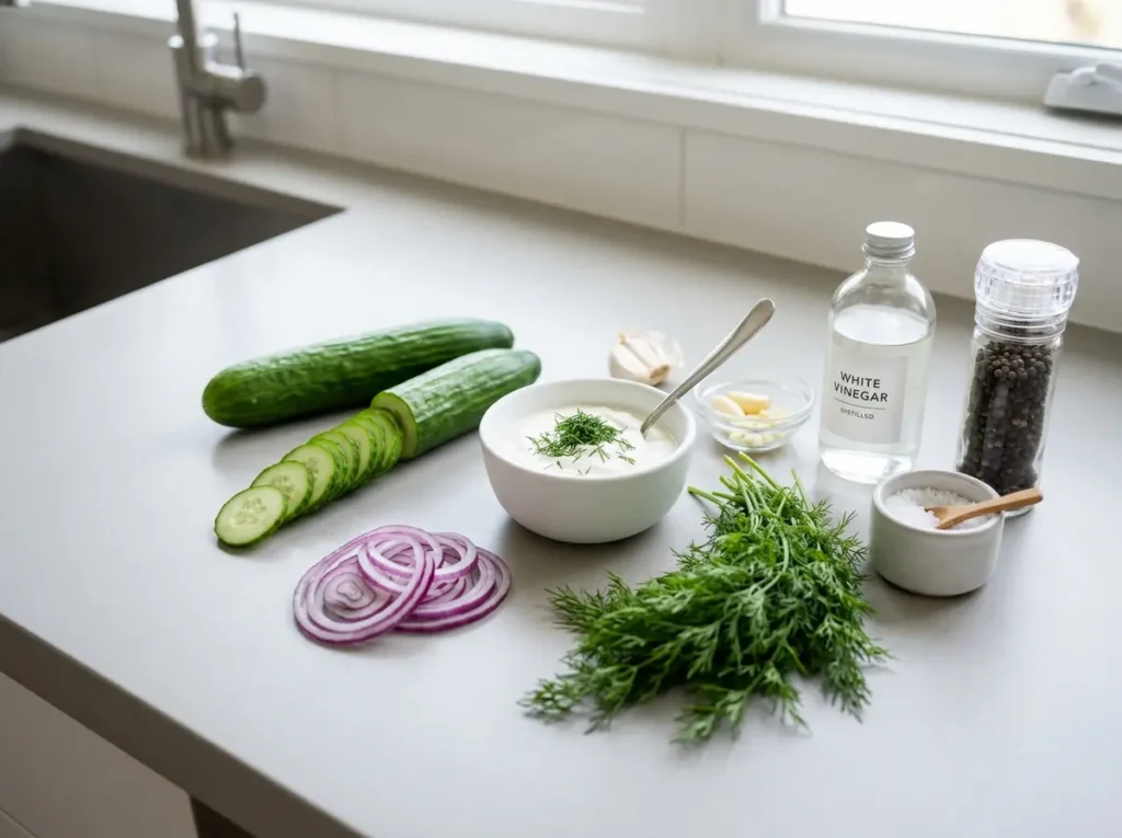 Creamy Cucumber Salad Recipe That's Cool, Tangy, and Ready in 15 Minutes 2 Sliced cucumbers, red onion, sour cream, dill, vinegar, garlic, salt, and pepper arranged for creamy cucumber salad.