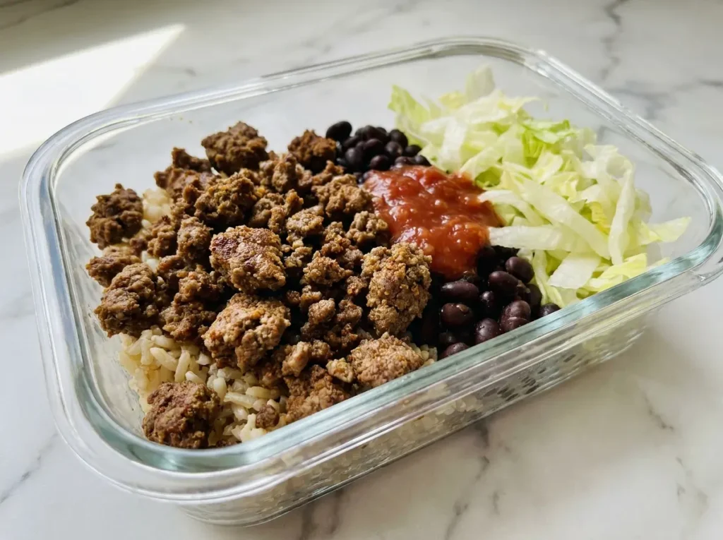 7 High Protein Meal Prep Recipes That Hit 50g of Protein Per Container 6 Seasoned lean ground beef taco bowl with brown rice, black beans, salsa, and shredded lettuce in an open glass meal prep container on white marble