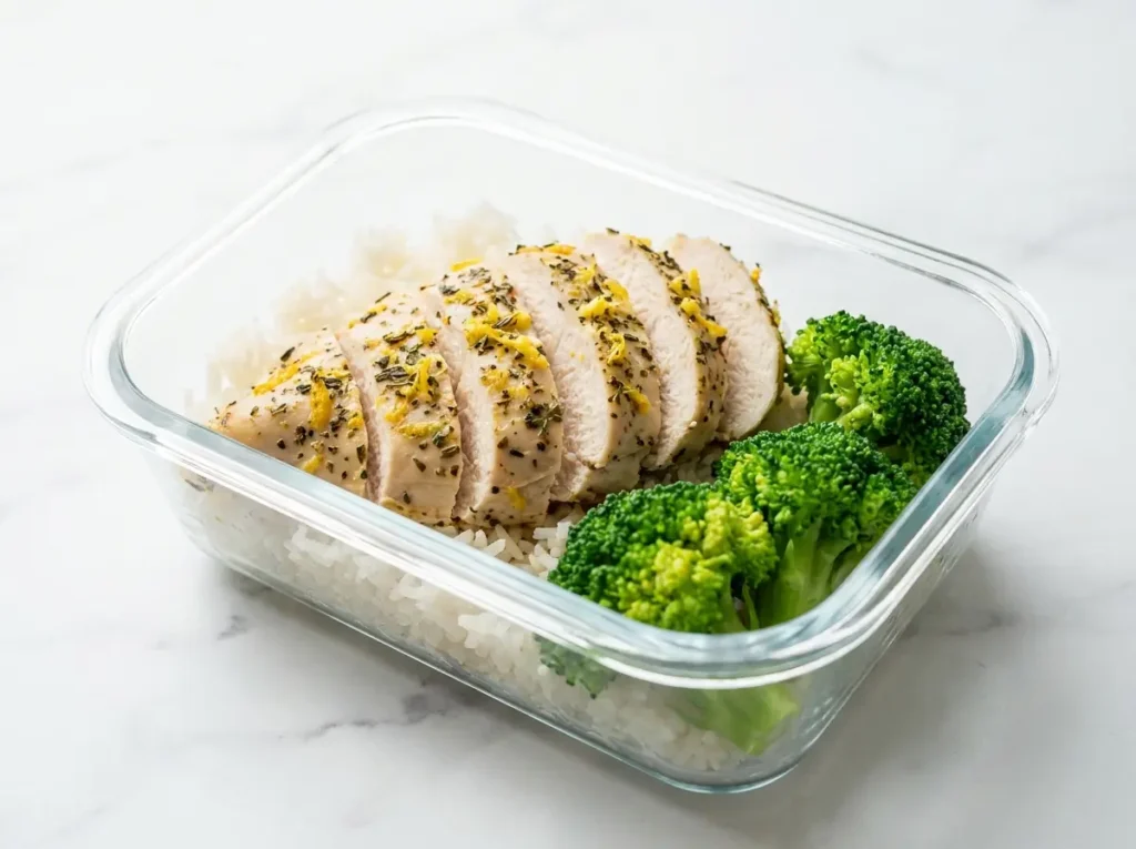 7 High Protein Meal Prep Recipes That Hit 50g of Protein Per Container 2 Sliced baked lemon herb chicken breast over jasmine rice with steamed broccoli in an open glass meal prep container on white marble