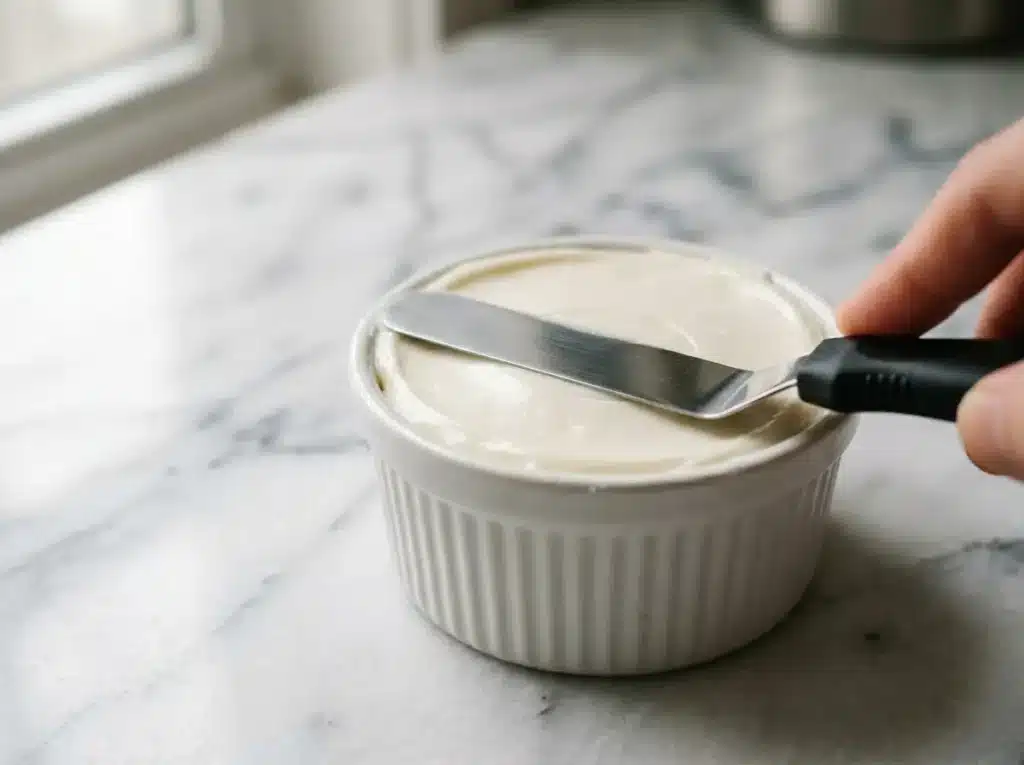 Viral Dot Cake Recipe: 5 Easy Steps to Make It at Home 5 Buttercream leveled flat in a white ramekin for dot cake recipe