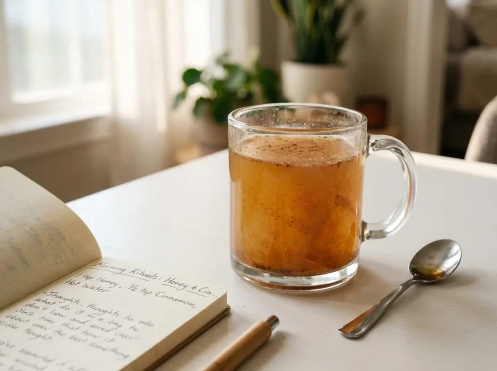 Honey and cinnamon drink served in the morning beside a notebook and spoon