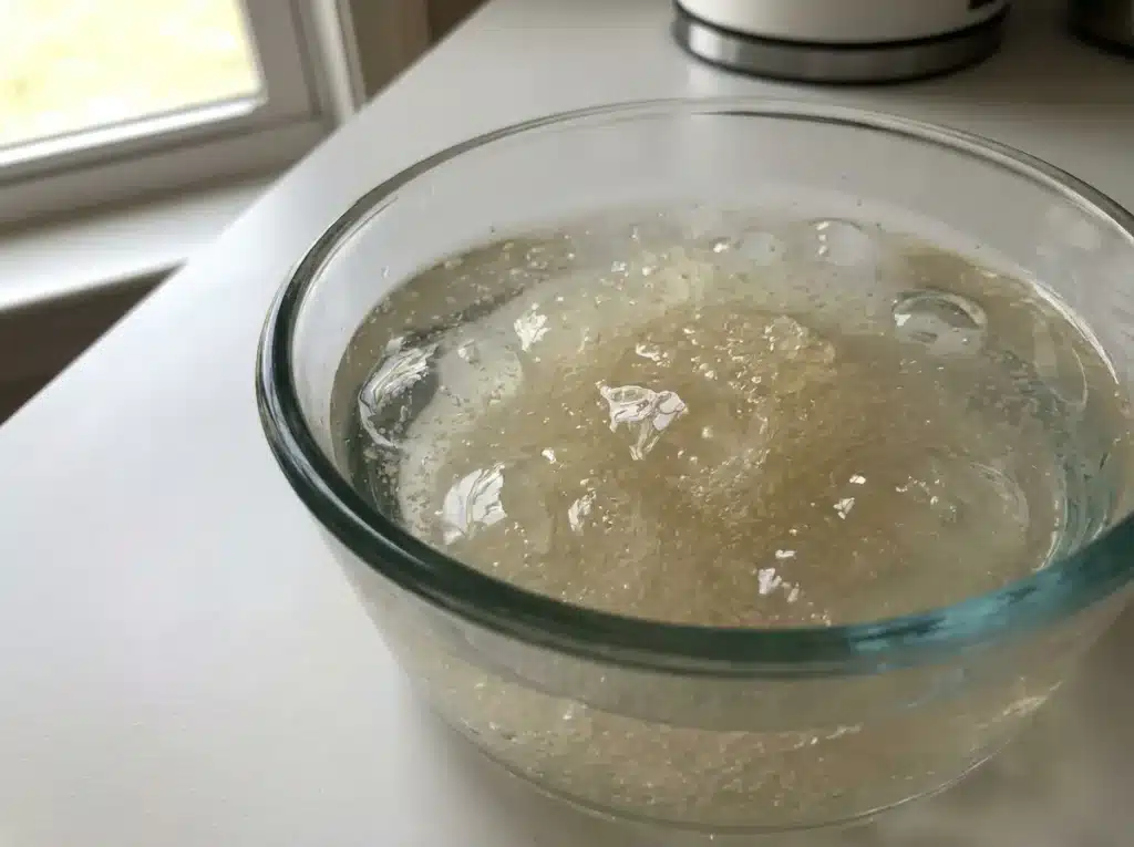 Pure gelatin blooming in cold water in a small glass bowl before mixing into a recipe.
