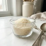 Pure gelatin powder in a clear glass bowl beside a spoon on a clean white surface.