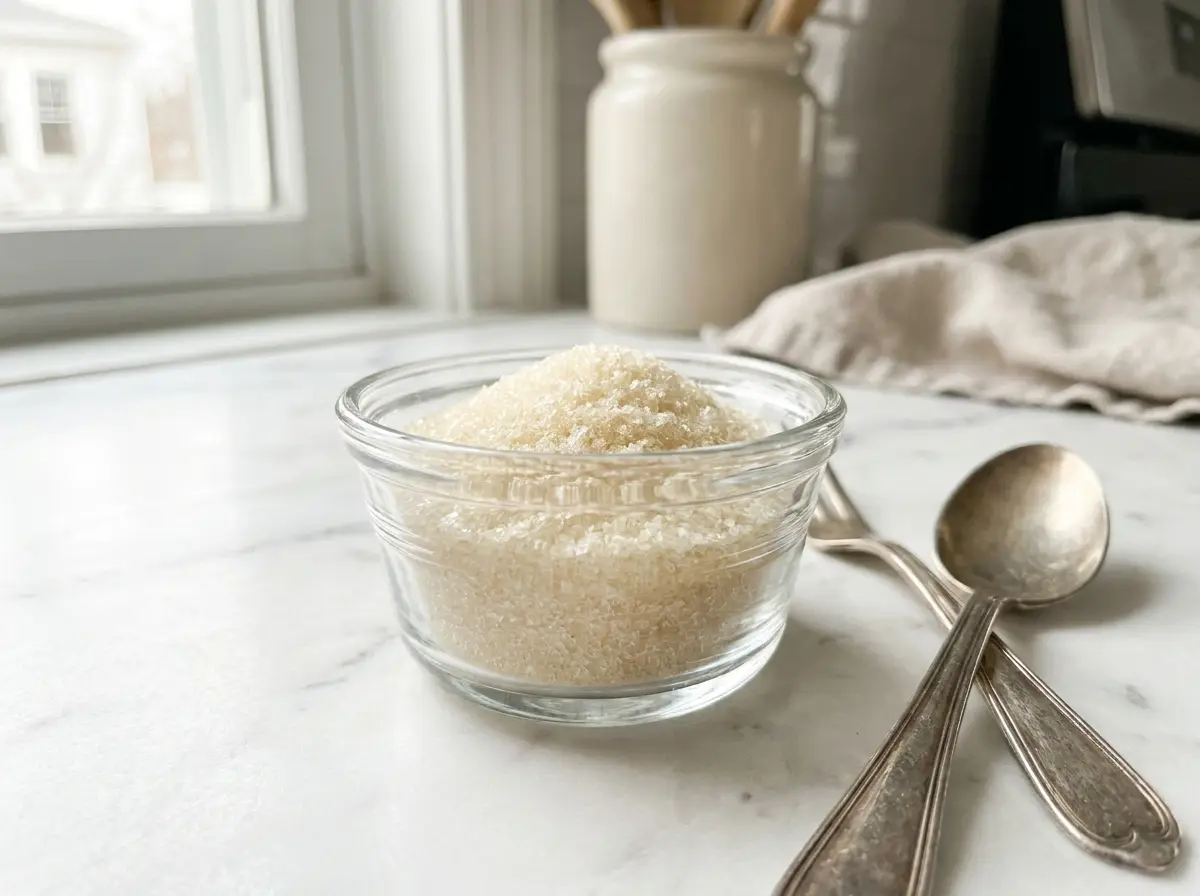 Pure gelatin powder in a clear glass bowl beside a spoon on a clean white surface.