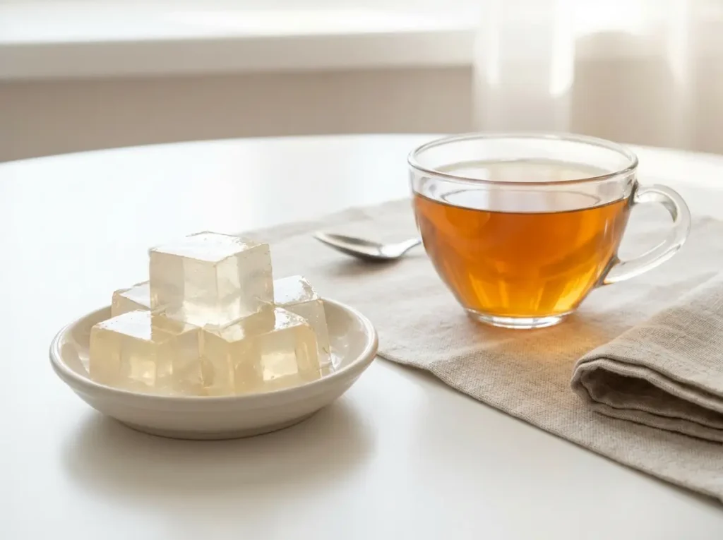 Pure gelatin drink cubes and a glass of tea arranged for a simple daily routine.