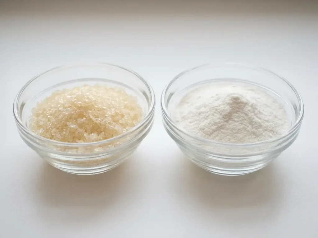 Pure gelatin powder and collagen powder in separate bowls for a side-by-side kitchen comparison.