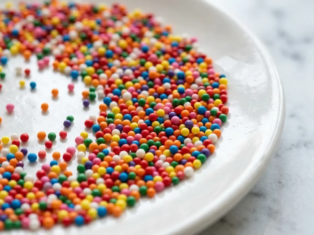 Viral Dot Cake Recipe: 5 Easy Steps to Make It at Home 2 Rainbow nonpareil sprinkles on a white plate for dot cake recipe